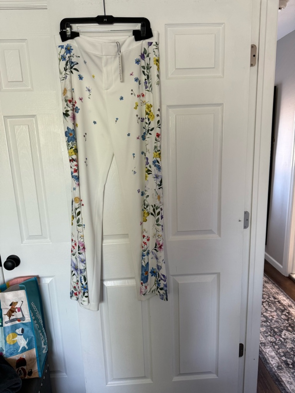 Alice + Olivia White Wide-Leg Pants with Floral Side Panels